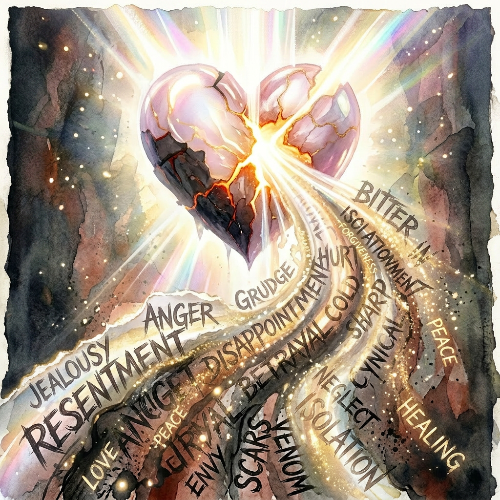 Broken heart emitting light surrounded by words of negative and positive emotions