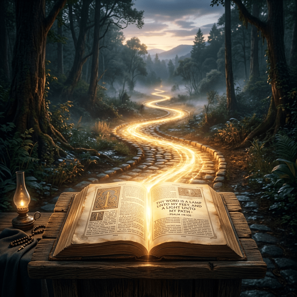 Open Bible with glowing words forming a lit path through a dark forest