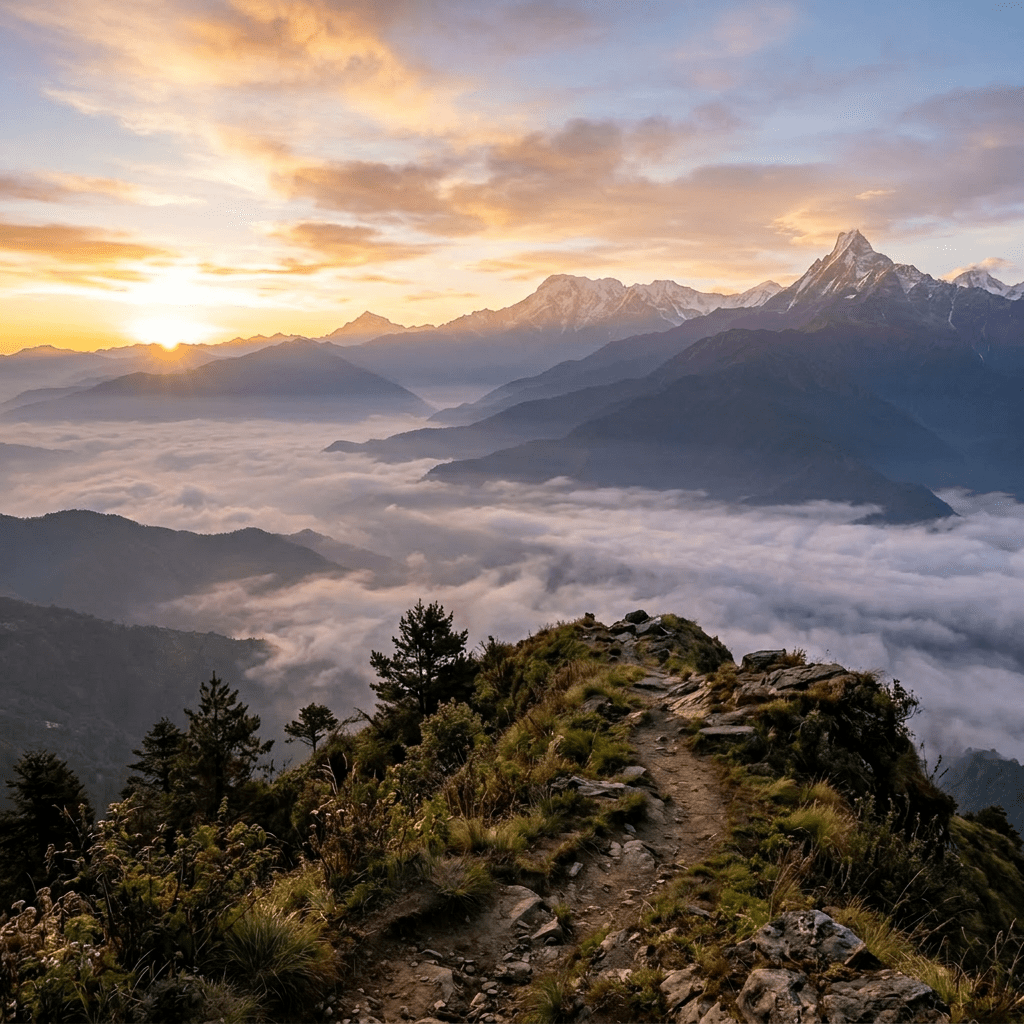 Hiker walking on mountain trail with morning sunlight and misty valley
