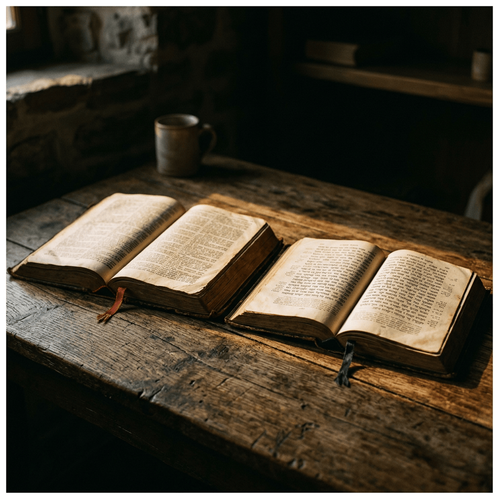 Two open Bibles and a mug on a wooden table